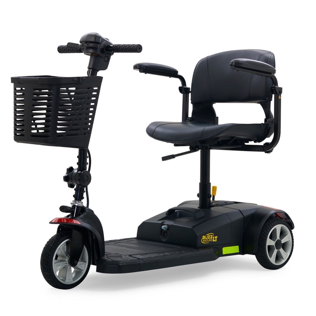 3-wheel mobility scooter in black with padded seat, armrests, tiller handlebar, and front storage basket