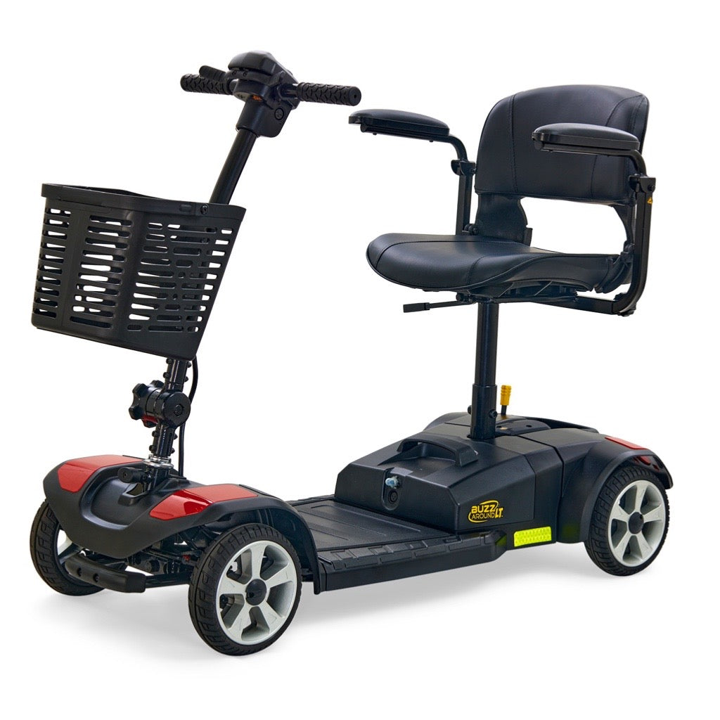 Four-wheel mobility scooter in black and red with padded seat, armrests, tiller handlebar, and front storage basket