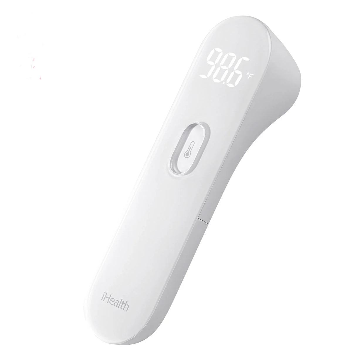 No-contact infrared thermometer in white with LED display showing 98.6°F and a single oval button on the handle