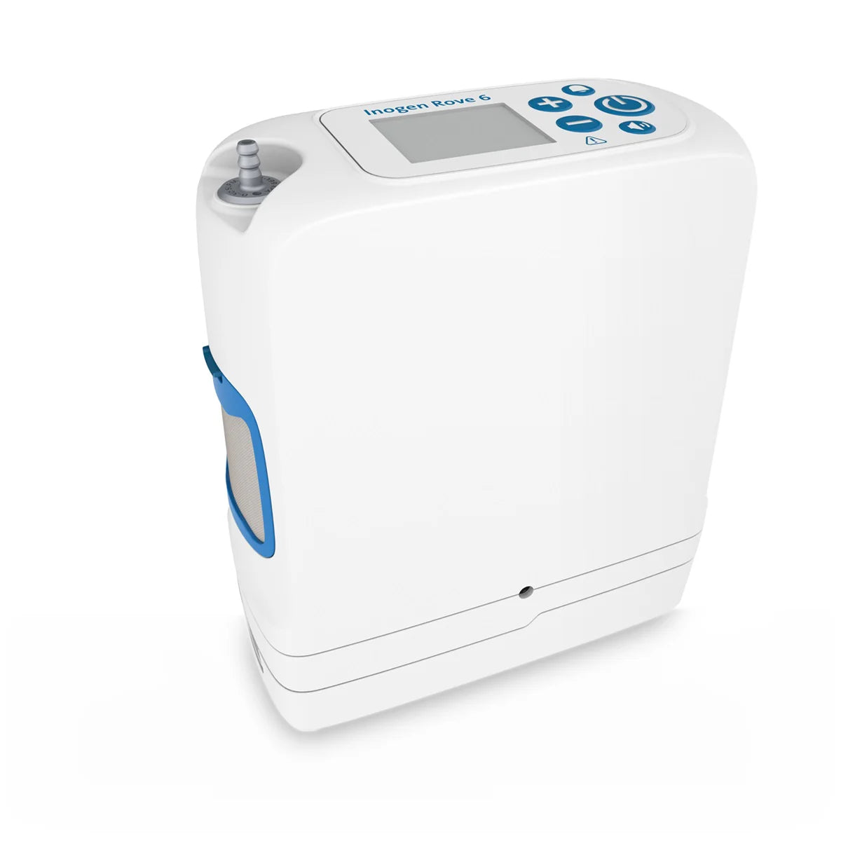 Inogen Rove 6 portable oxygen concentrator in white with blue accents, LCD screen, control buttons, and outlet port on top