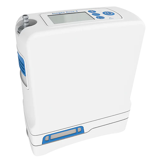 Portable oxygen concentrator in white and blue with digital display, control buttons, and outlet nozzle on top