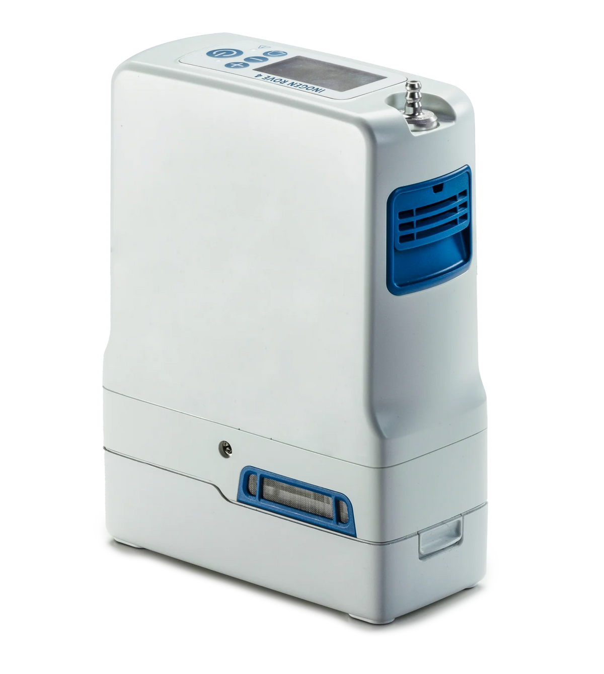 Inogen Rove 4 portable oxygen concentrator in light gray with blue vents, LCD display, and outlet port on white background