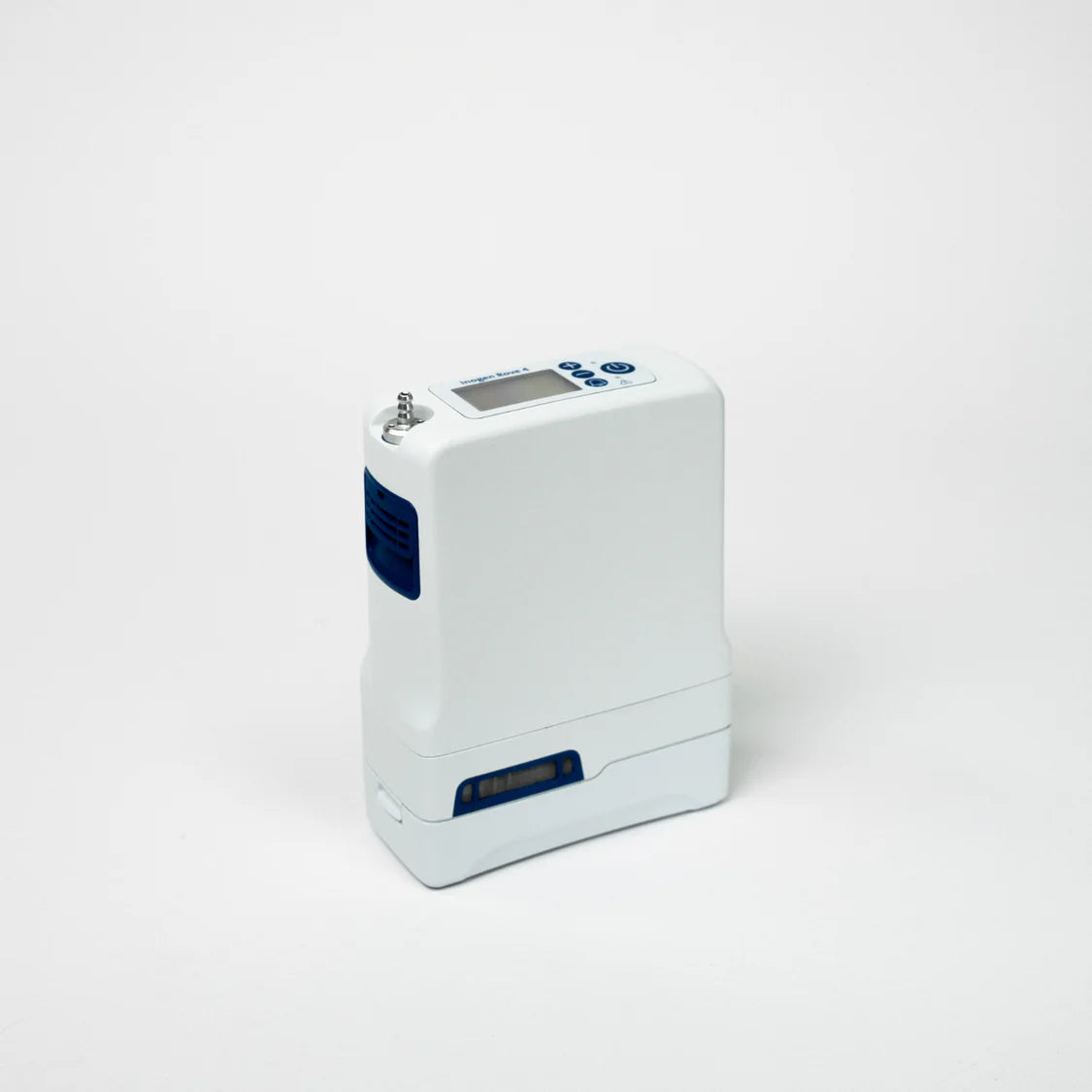 Portable oxygen concentrator in white and navy with LCD display, control buttons, side vent, and outlet port on white