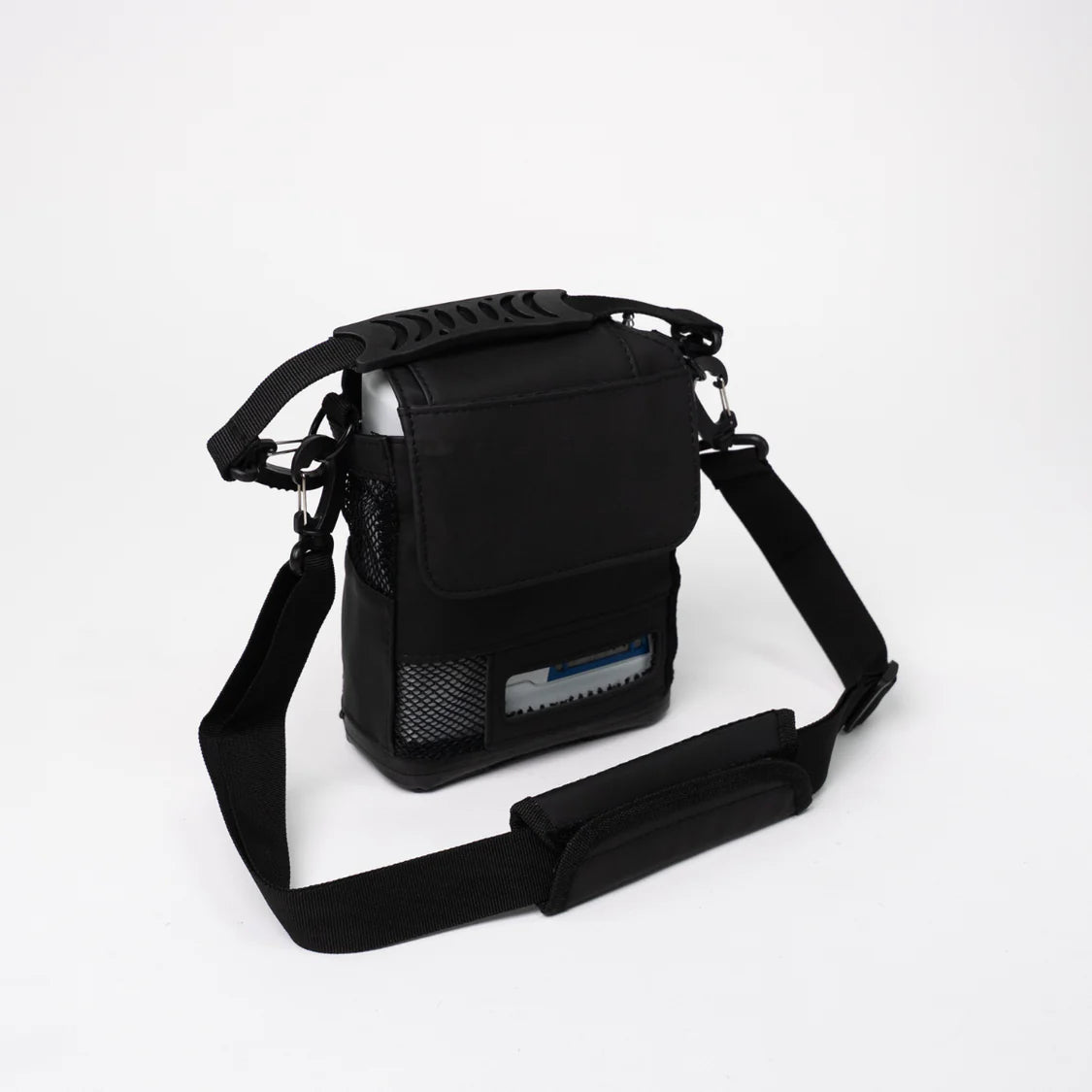 Portable oxygen concentrator carry bag in black with adjustable shoulder strap, top handle, mesh side pocket, and carabiner