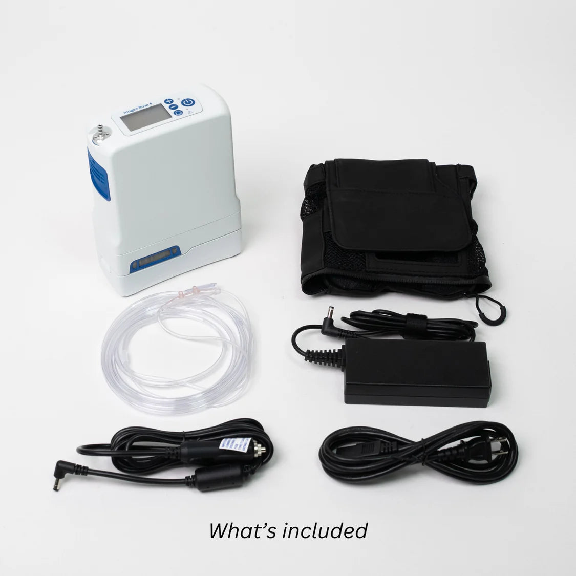 Portable oxygen concentrator shown with included accessories: carrying bag, AC power adapter, DC car cable, power cord, and