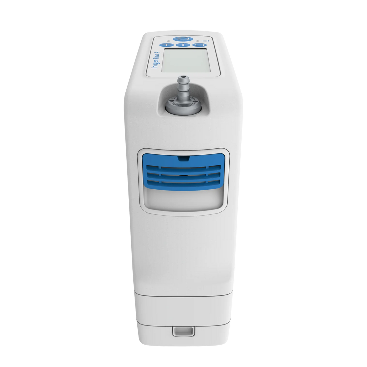 Portable oxygen concentrator in white with blue control buttons, LCD screen, blue vent panel, and oxygen outlet port on top