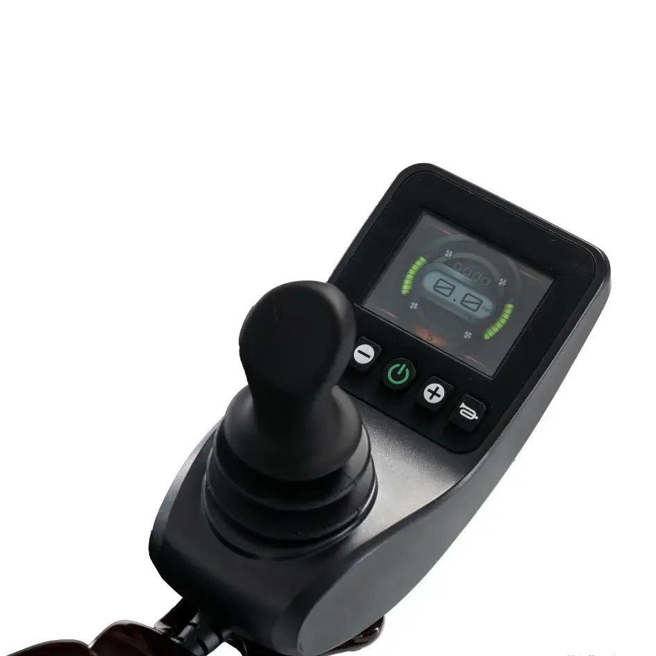 Power wheelchair joystick controller with color LCD display, power button, speed controls, and horn button in black housing