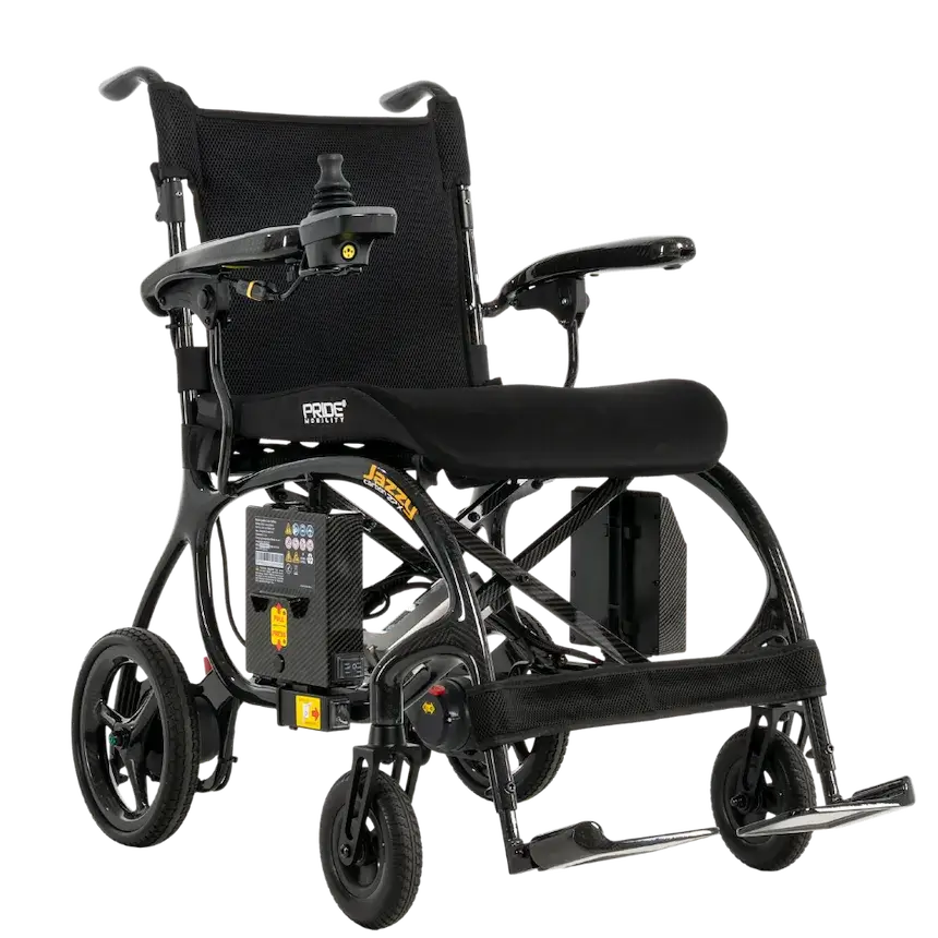 Power wheelchair with black mesh back, joystick controller, carbon fiber frame, padded armrests, and footrests on white