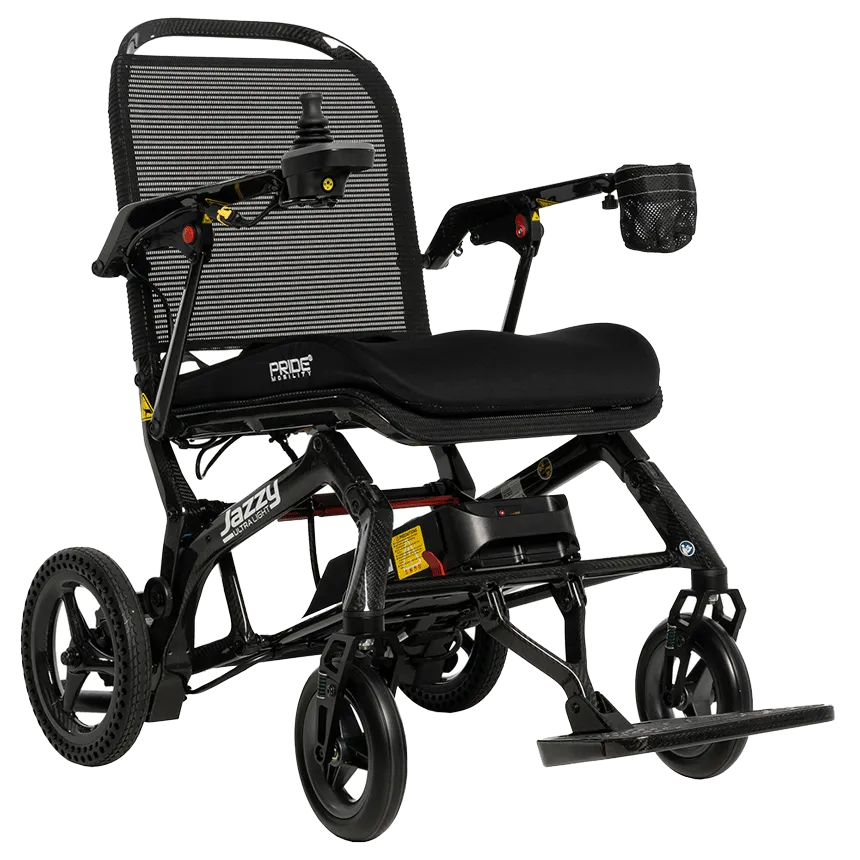 Power wheelchair with black mesh back, padded seat, joystick control, cup holder, and carbon fiber frame shown at an angle