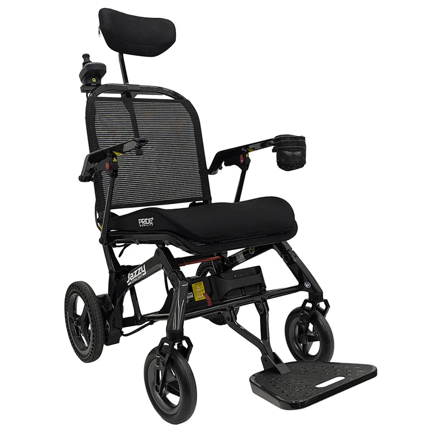 Power wheelchair in black with mesh high back, headrest, joystick controller, cup holder, padded seat, and footrest