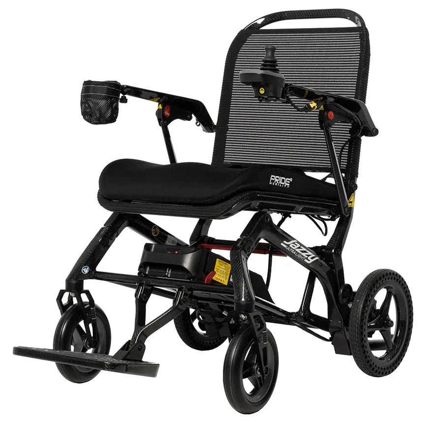 Jazzy Ultra Light power wheelchair in black with mesh back, joystick controller, padded seat, and compact folding frame