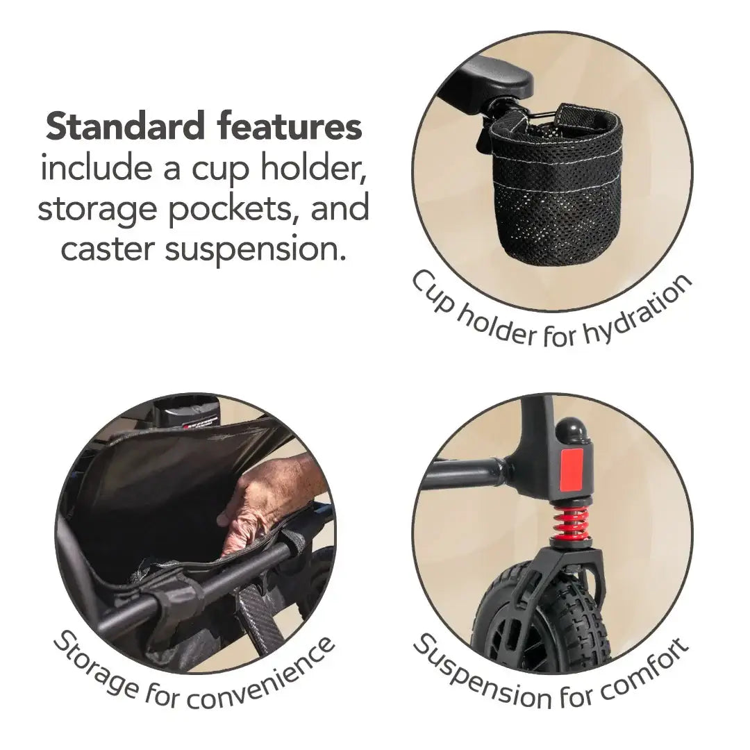 Power wheelchair feature callout graphic showing cup holder, under-seat storage pocket, and front caster suspension spring