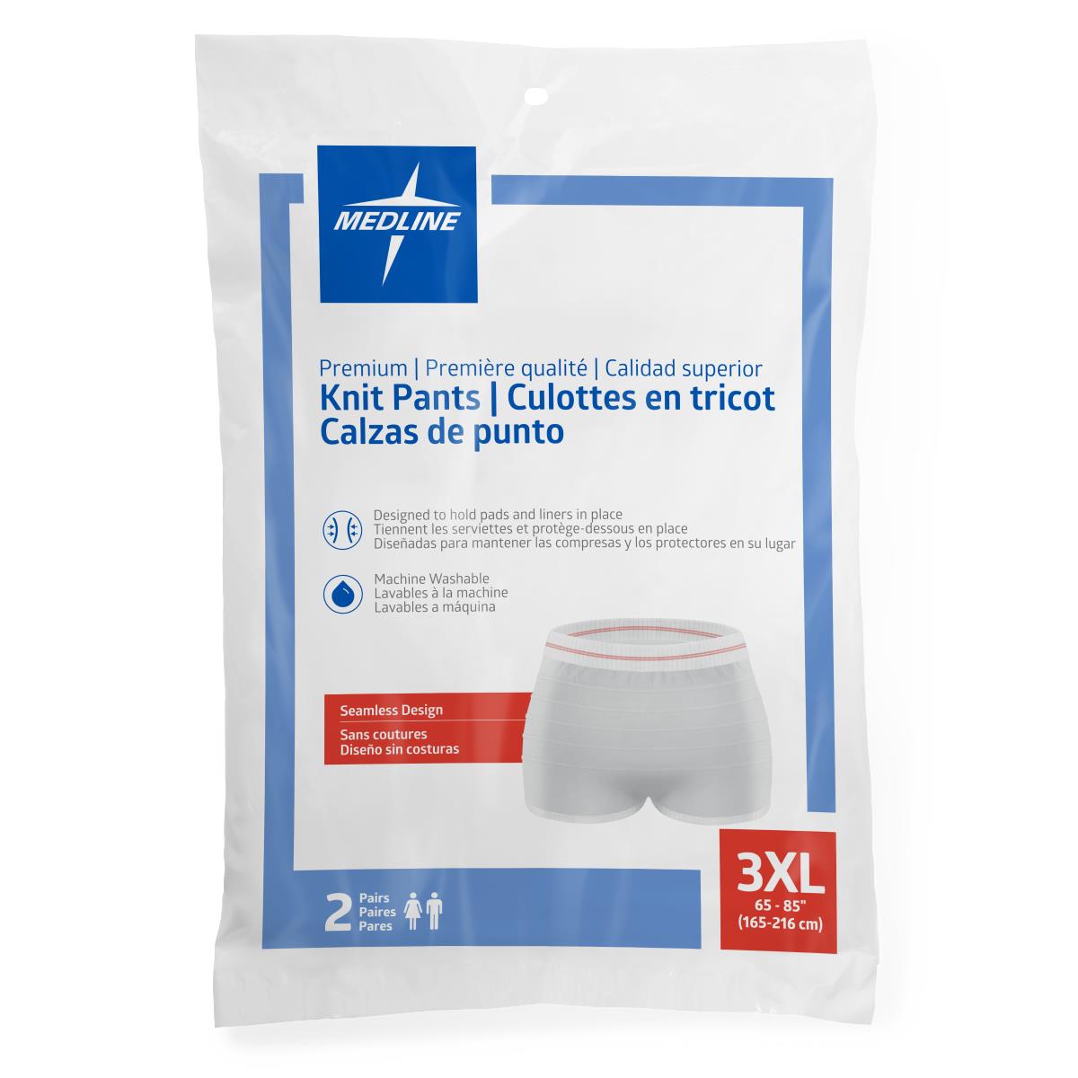 Medline premium knit pants in 3XL packaged in a clear plastic bag, 2 pairs, seamless design for holding incontinence pads