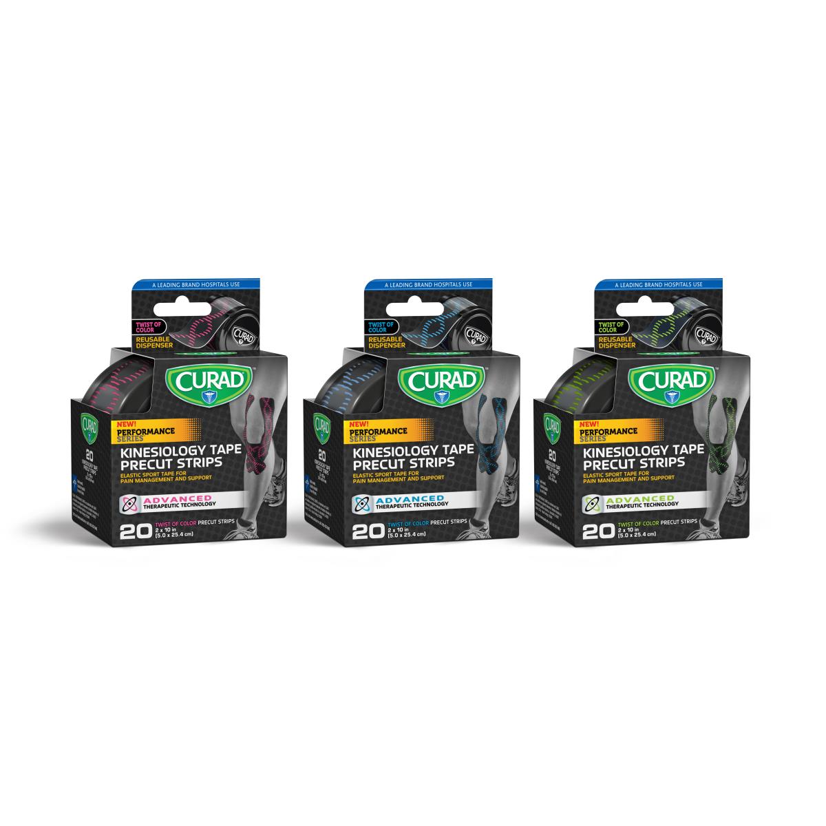 Kinesiology tape precut strips in three Curad Performance Series boxes with pink, blue, and green color variants, 20 strips