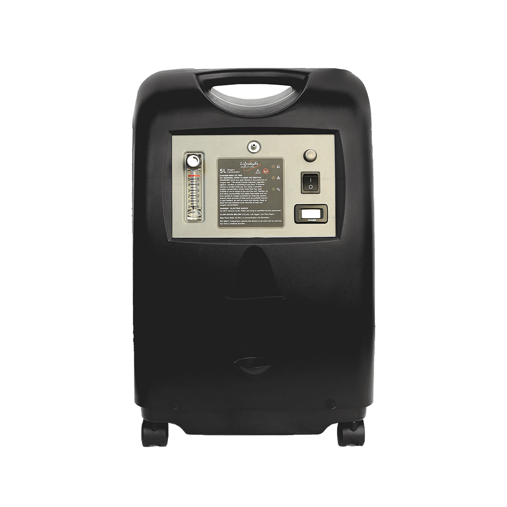 Oxygen concentrator in black with carry handle, front flow meter panel, power switch, and four rolling caster wheels