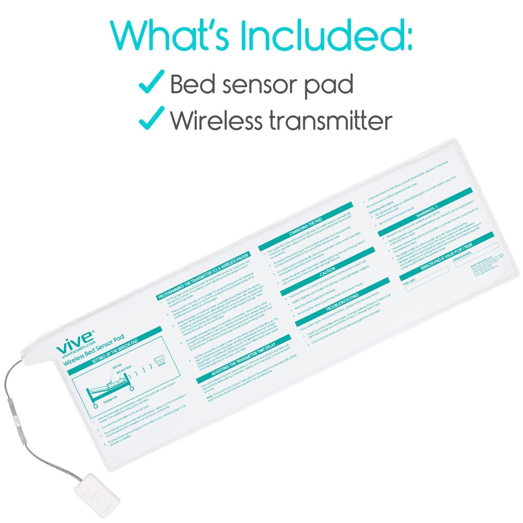 Wireless bed sensor pad with attached transmitter, shown with printed instructions and included components checklist