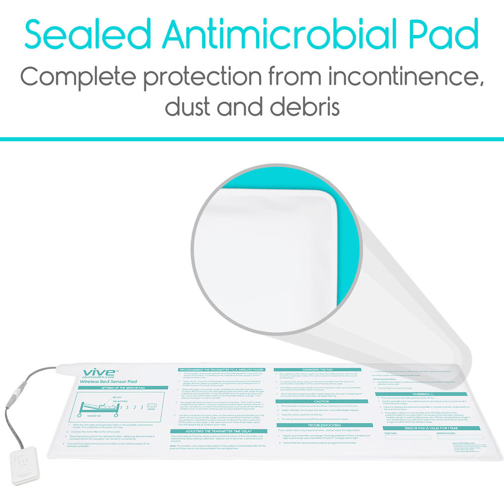 Bed pressure alarm sensor pad with sealed antimicrobial surface shown partially rolled back to reveal teal interior layer