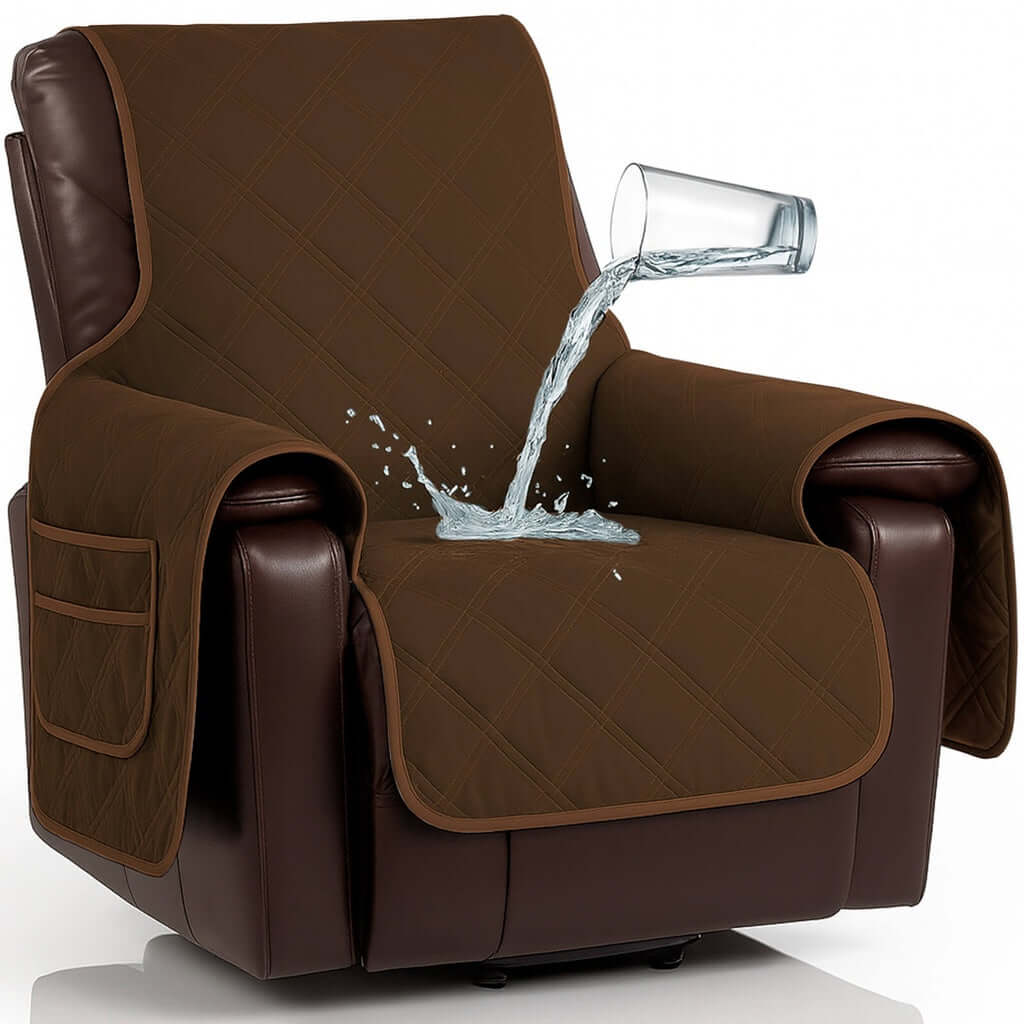 Waterproof quilted recliner chair cover in brown with side storage pockets, shown with water being poured onto the surface