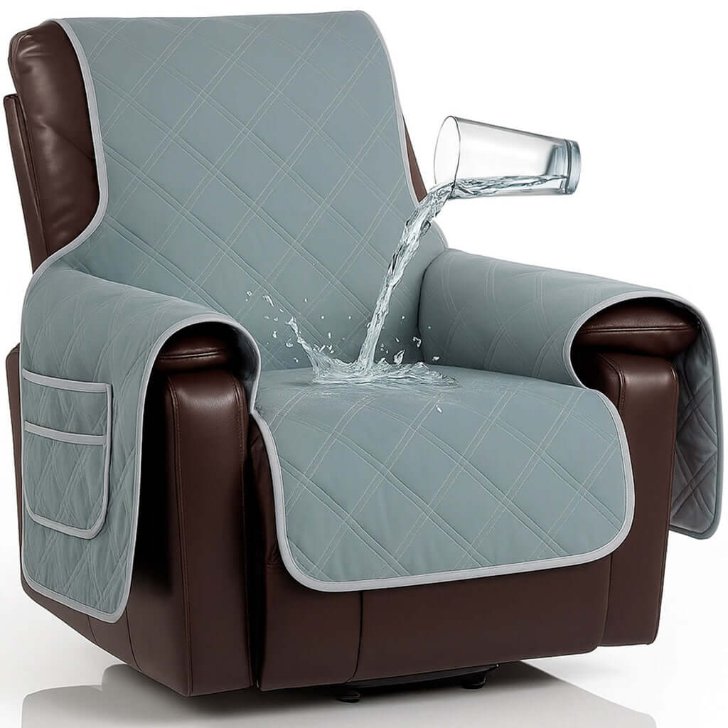 Waterproof quilted recliner chair cover in light blue-gray with side pocket, shown repelling water poured from a glass