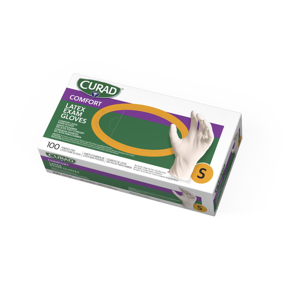 Latex exam gloves box, size small, 100-count, powder-free, with green and purple packaging and glove illustration