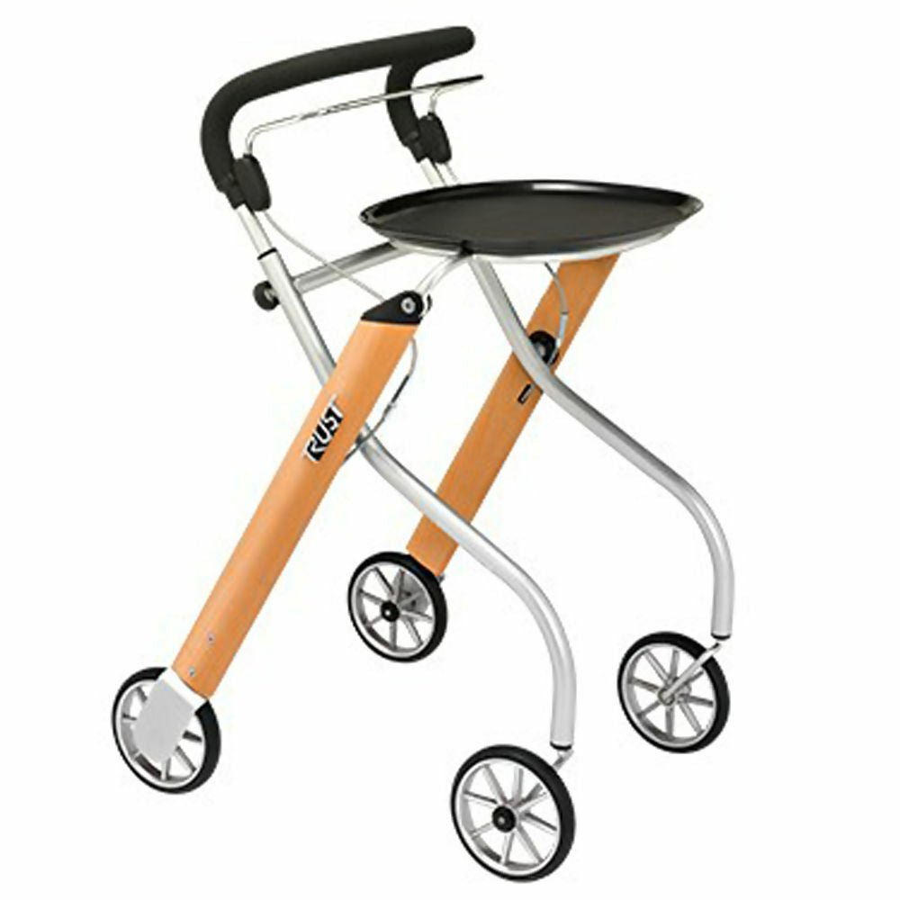 Four-wheel indoor rollator with narrow frame, padded handlebar, hand brakes, and black tray, in orange and silver finish