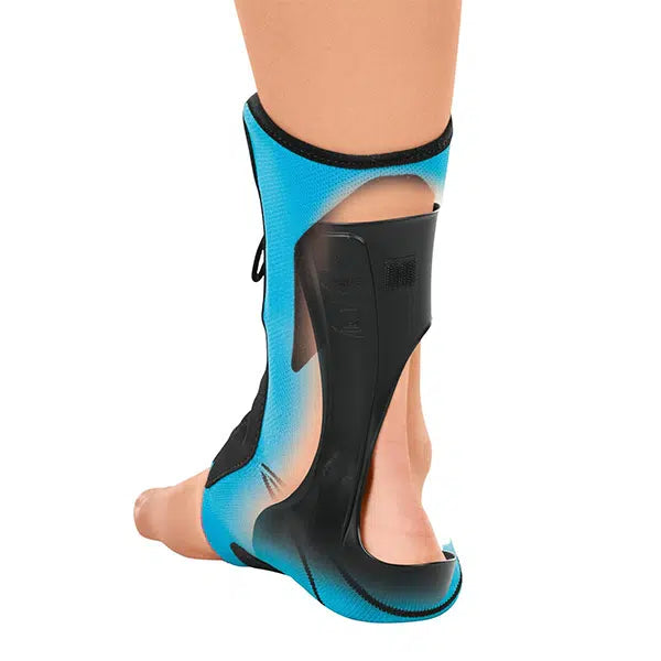 Ankle brace with blue mesh lining and black rigid plastic shell shown on a foot, rear view