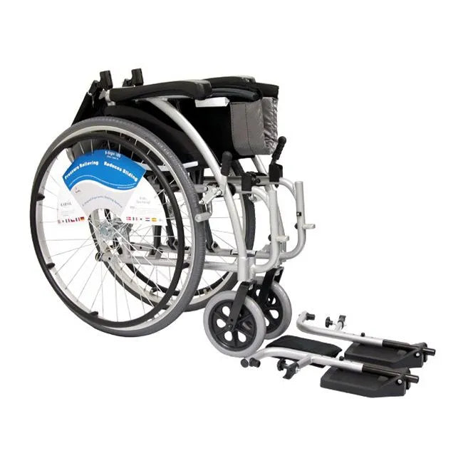 Lightweight wheelchair with silver frame, black upholstery, spoke wheels, and detached footrest shown separately