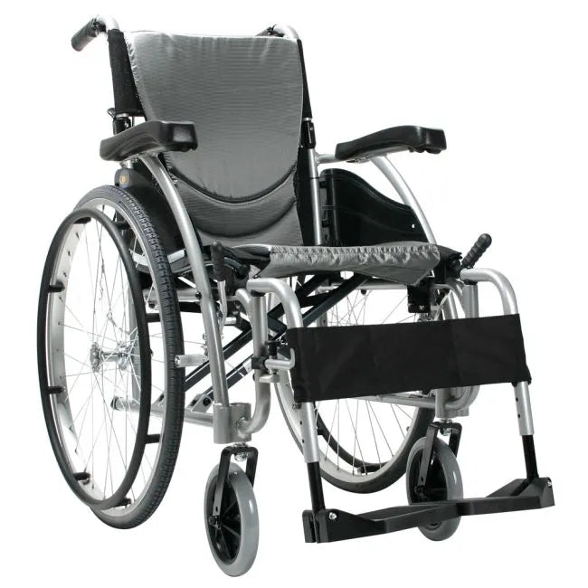 Lightweight manual wheelchair with silver aluminum frame, gray upholstered seat and back, padded armrests, and swing-away