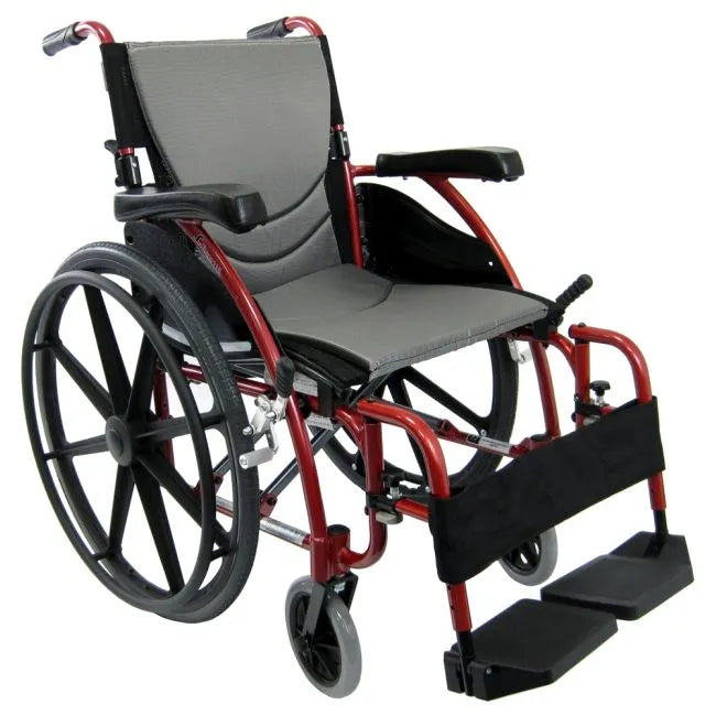 Lightweight wheelchair with red frame, gray upholstered seat and back, black spoke wheels, padded armrests, and swing-away