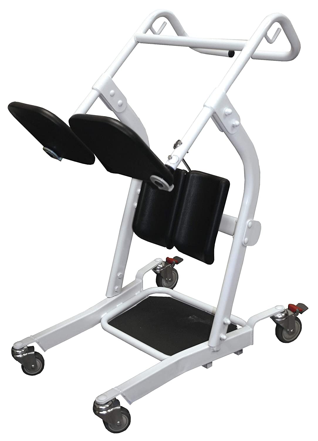 Stand assist patient lift with white steel frame, black padded knee supports, foot platform, grab bar, and locking casters