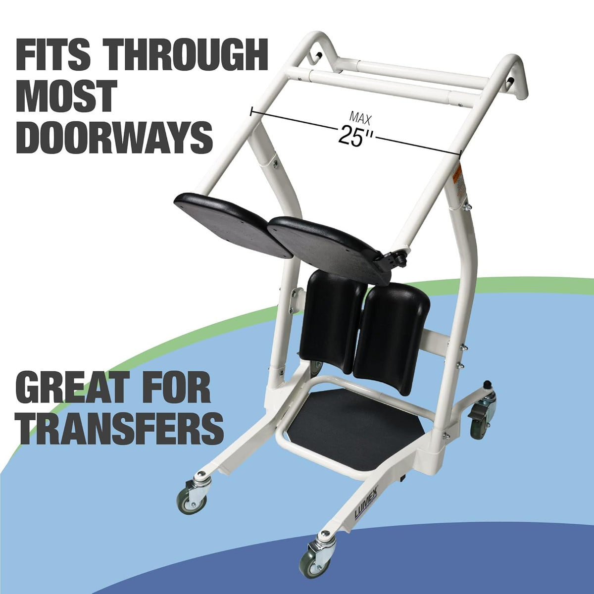 Stand assist patient lift with white steel frame, black padded knee support, seat, footrest, and casters, showing 25-inch