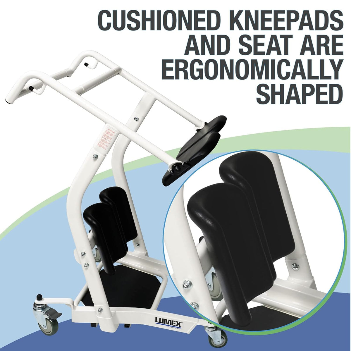 Sit-to-stand patient lift with white steel frame, caster wheels, black cushioned kneepads and saddle seat, with close-up