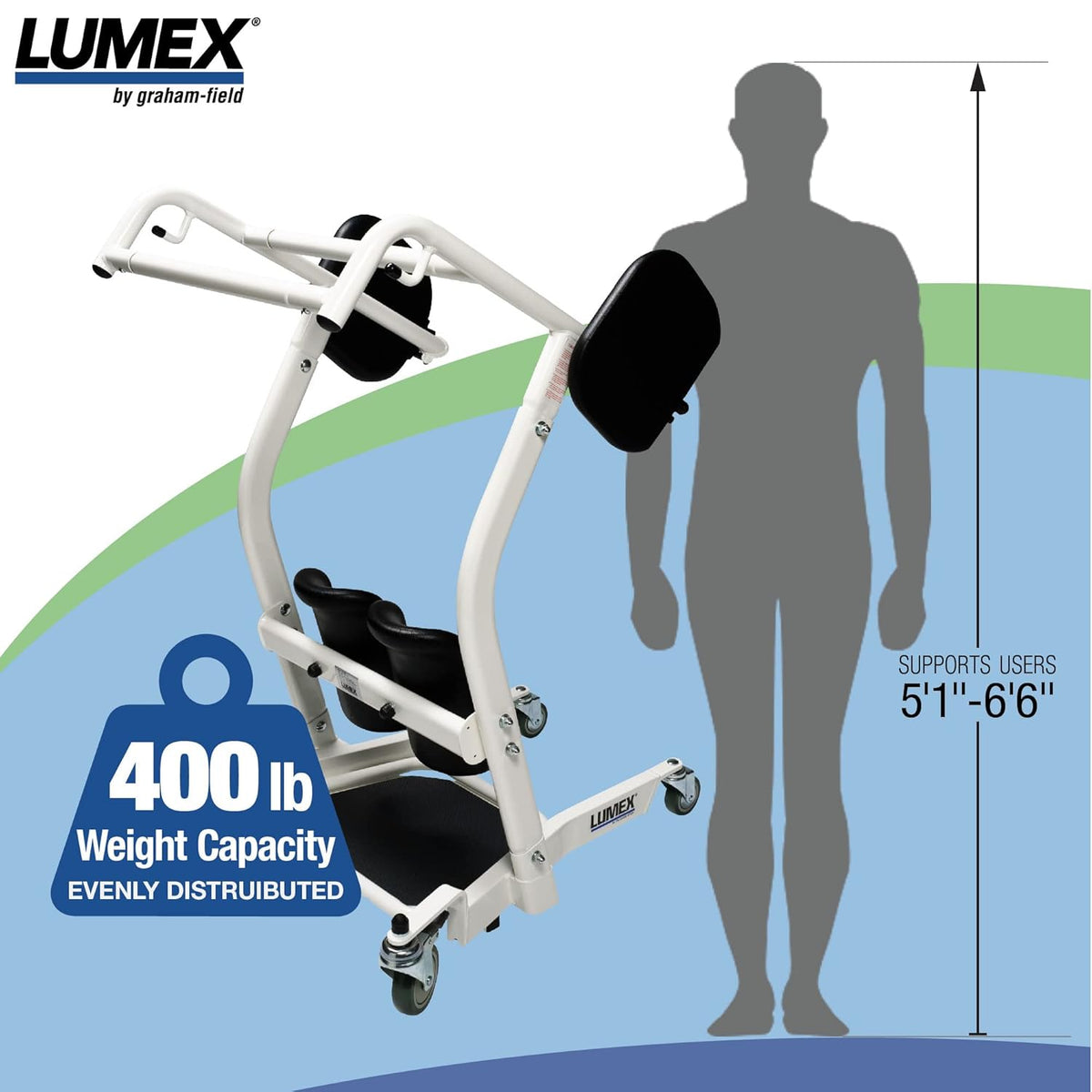 Lumex stand assist patient lift with white steel frame, padded knee supports, back pad, and wheeled base shown beside adult