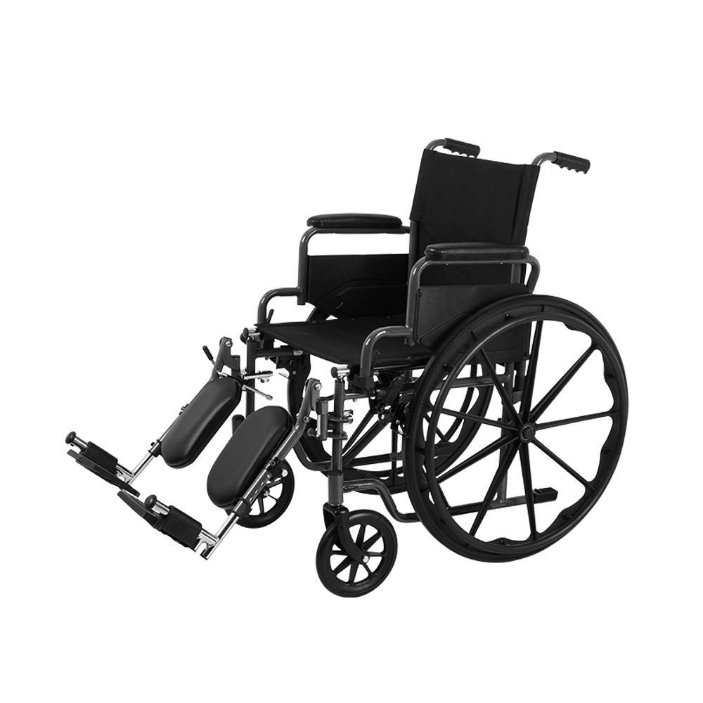 Wheelchair with black frame, padded seat and armrests, large rear wheels, and elevating leg rests with footplates