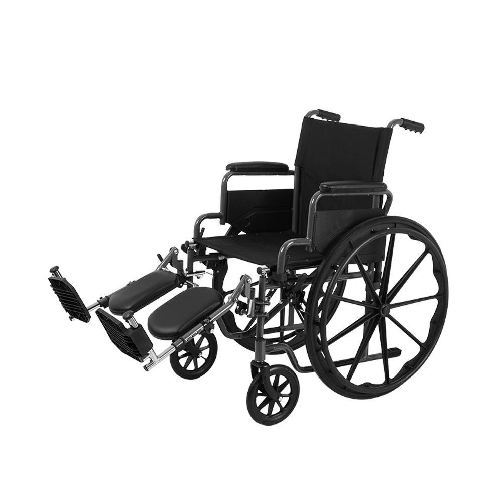 Wheelchair with black upholstery, removable desk-length arms, large rear wheels, and elevating leg rests, shown at an angle