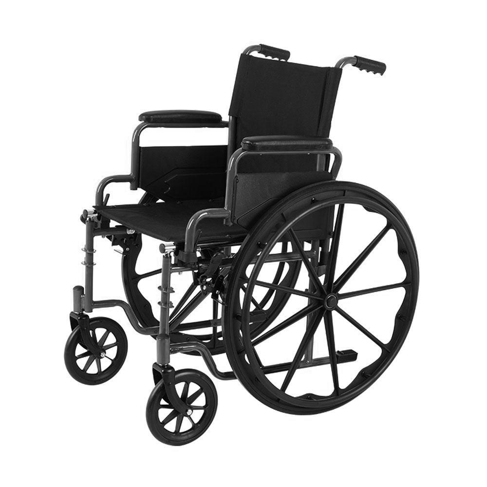 Wheelchair with black frame, removable desk-length armrests, large rear wheels, swing-away footrests, and push handles