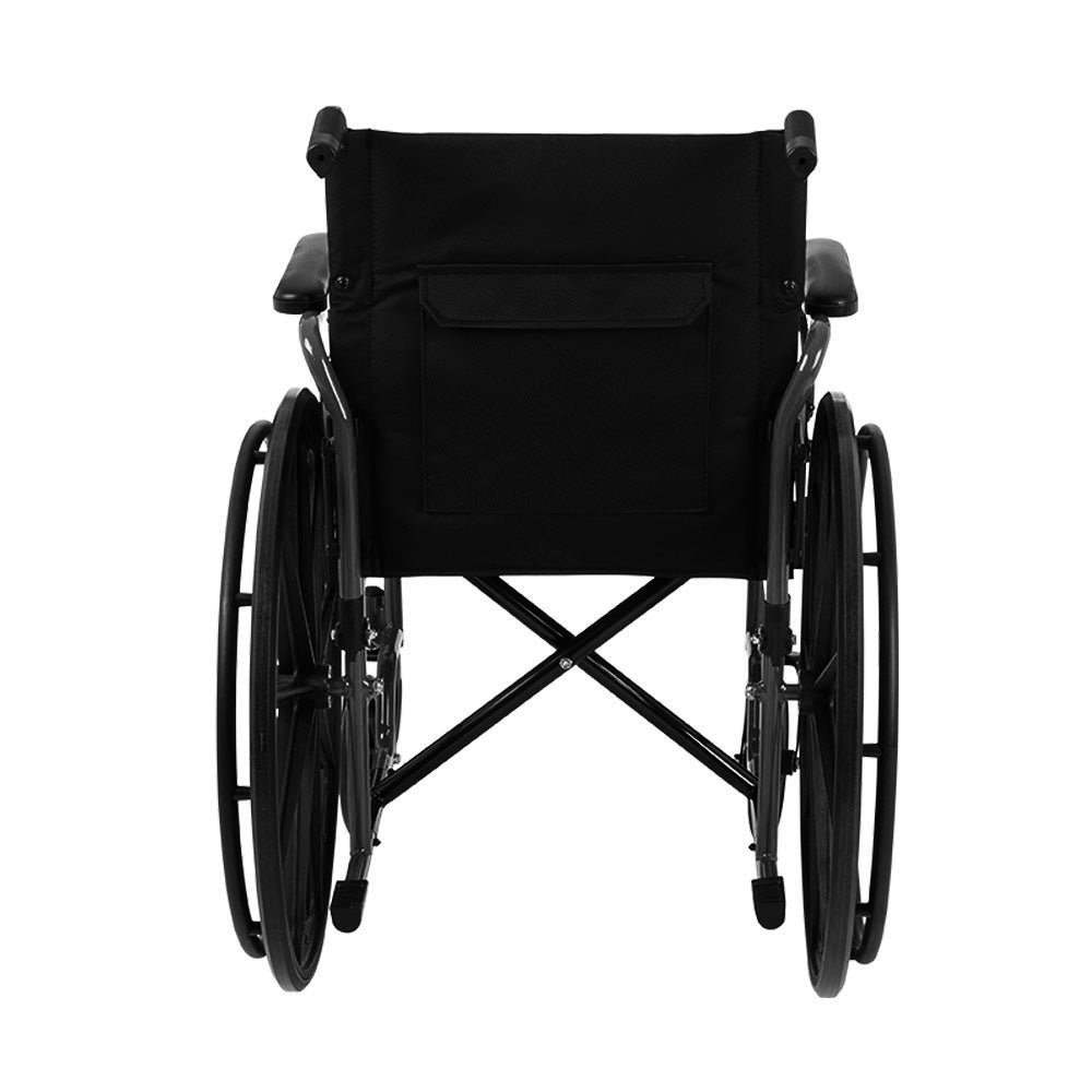 Wheelchair rear view showing black folding frame, large rear wheels, padded armrests, and back pocket on white background
