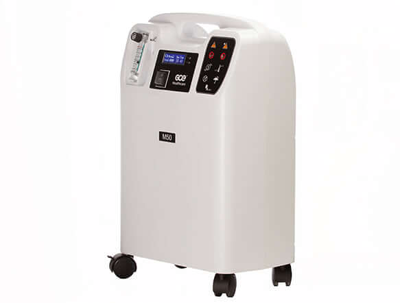 Oxygen concentrator with digital display, flow meter, control panel with indicator lights, carry handle, and four caster