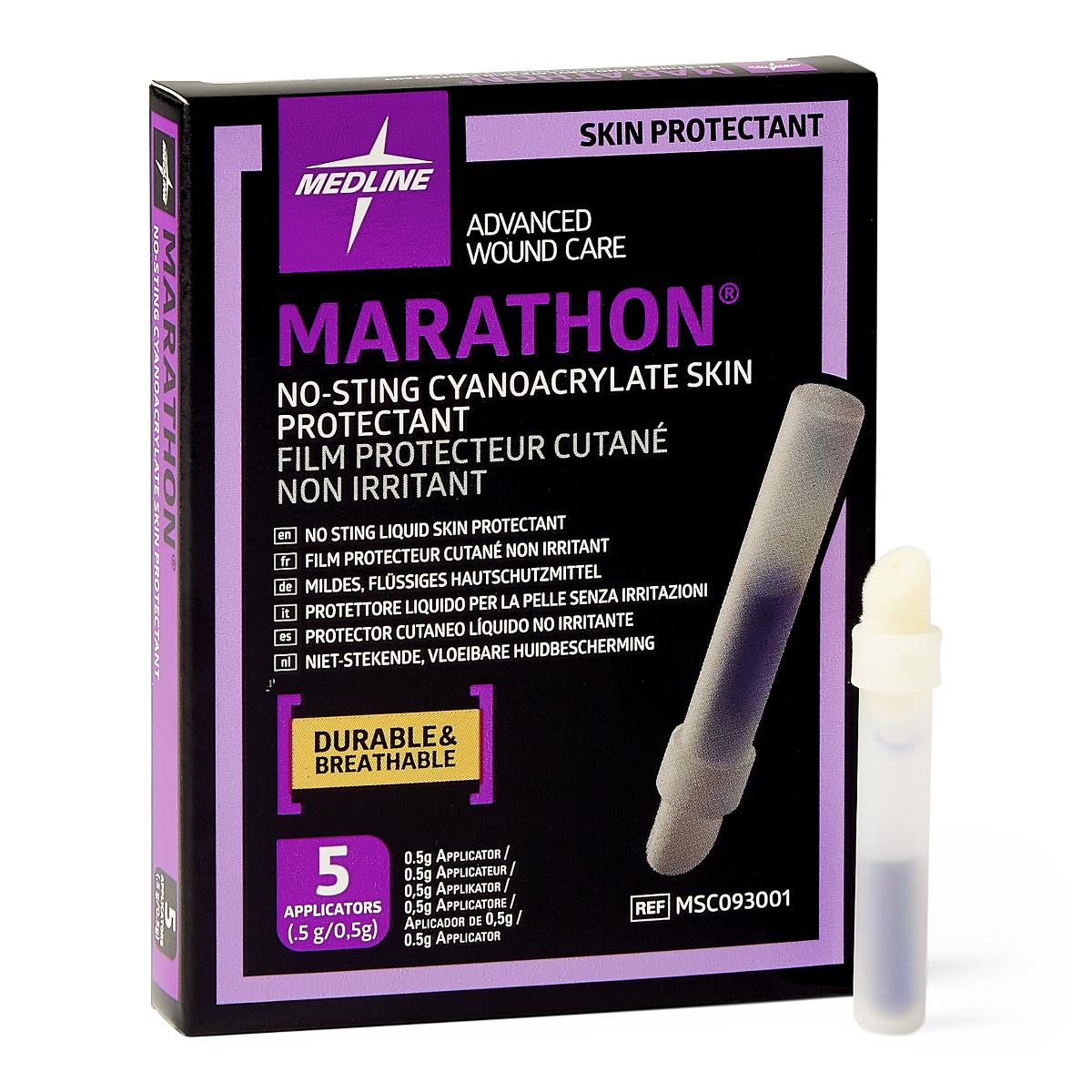 Medline Marathon liquid skin protectant box with single applicator vial shown beside black and purple packaging, 5-count