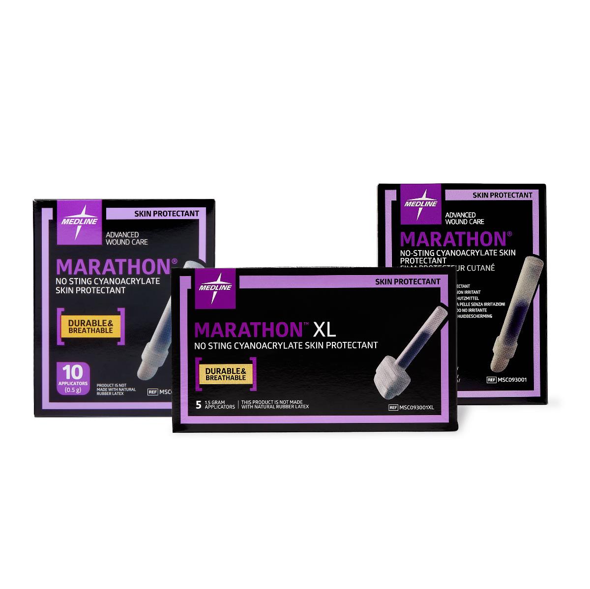 Medline Marathon liquid skin protectant boxes in standard and XL sizes with applicators shown on black and purple packaging