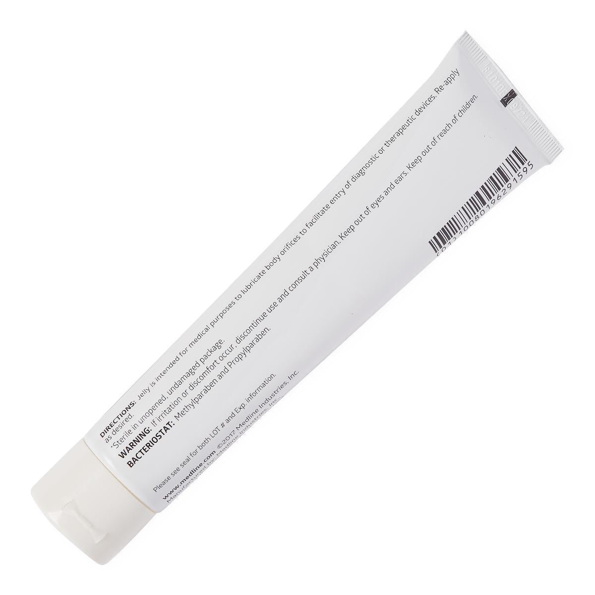 Lubricating jelly tube back label showing directions, warnings, and barcode, with white cap visible on left side
