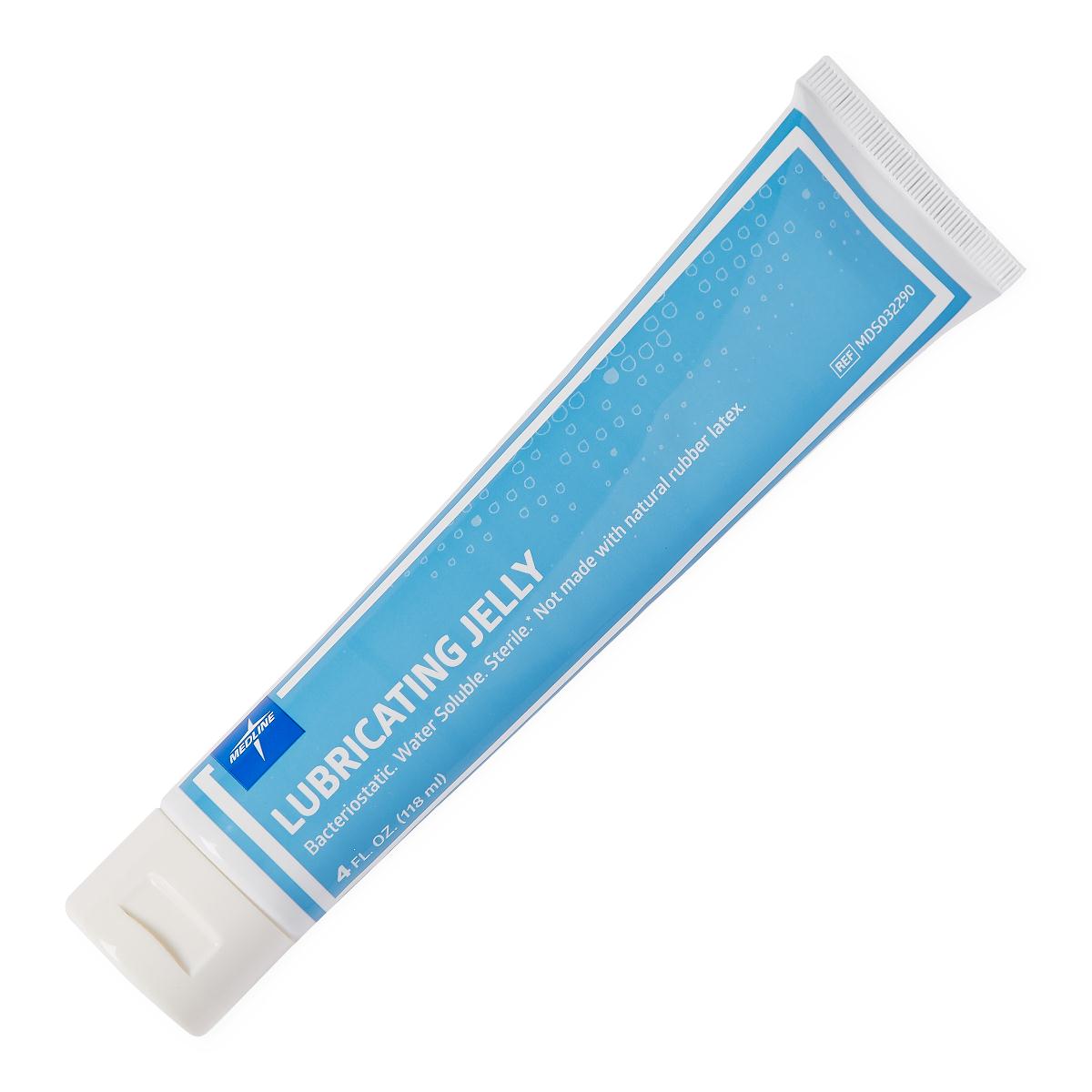 Lubricating jelly tube with blue label, 4 fl oz, water soluble and sterile formula, white flip-top cap
