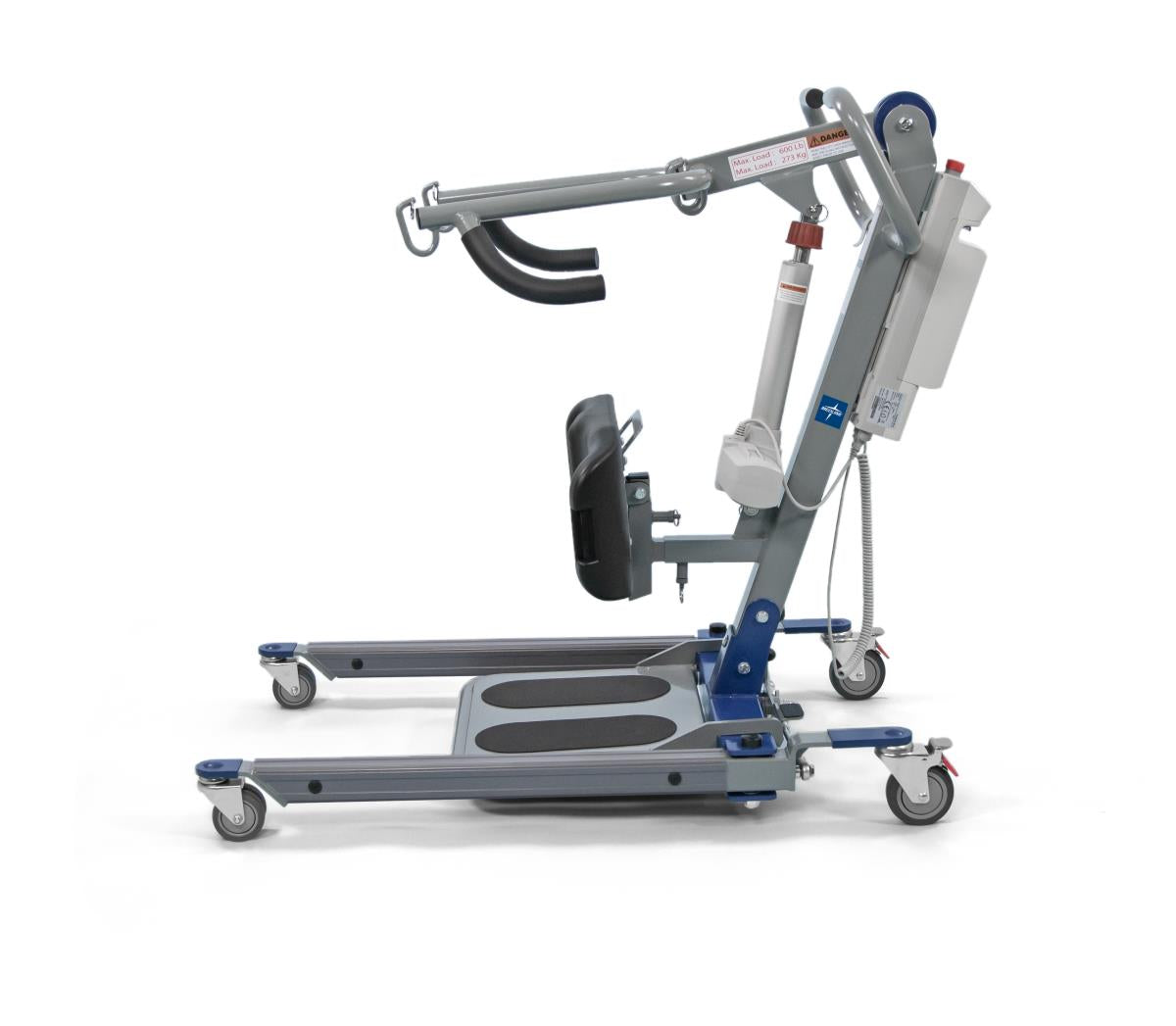 Bariatric electric stand assist lift with gray and blue frame, knee pad, foot platform, sling hooks, battery unit, and four
