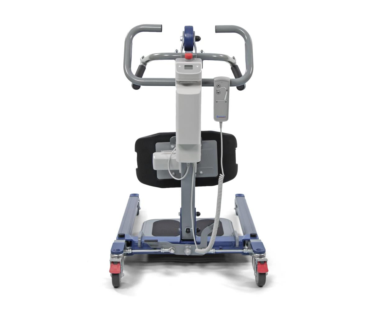 Bariatric electric stand assist lift with padded seat, grab handles, foot platform, blue base with casters, and wired hand