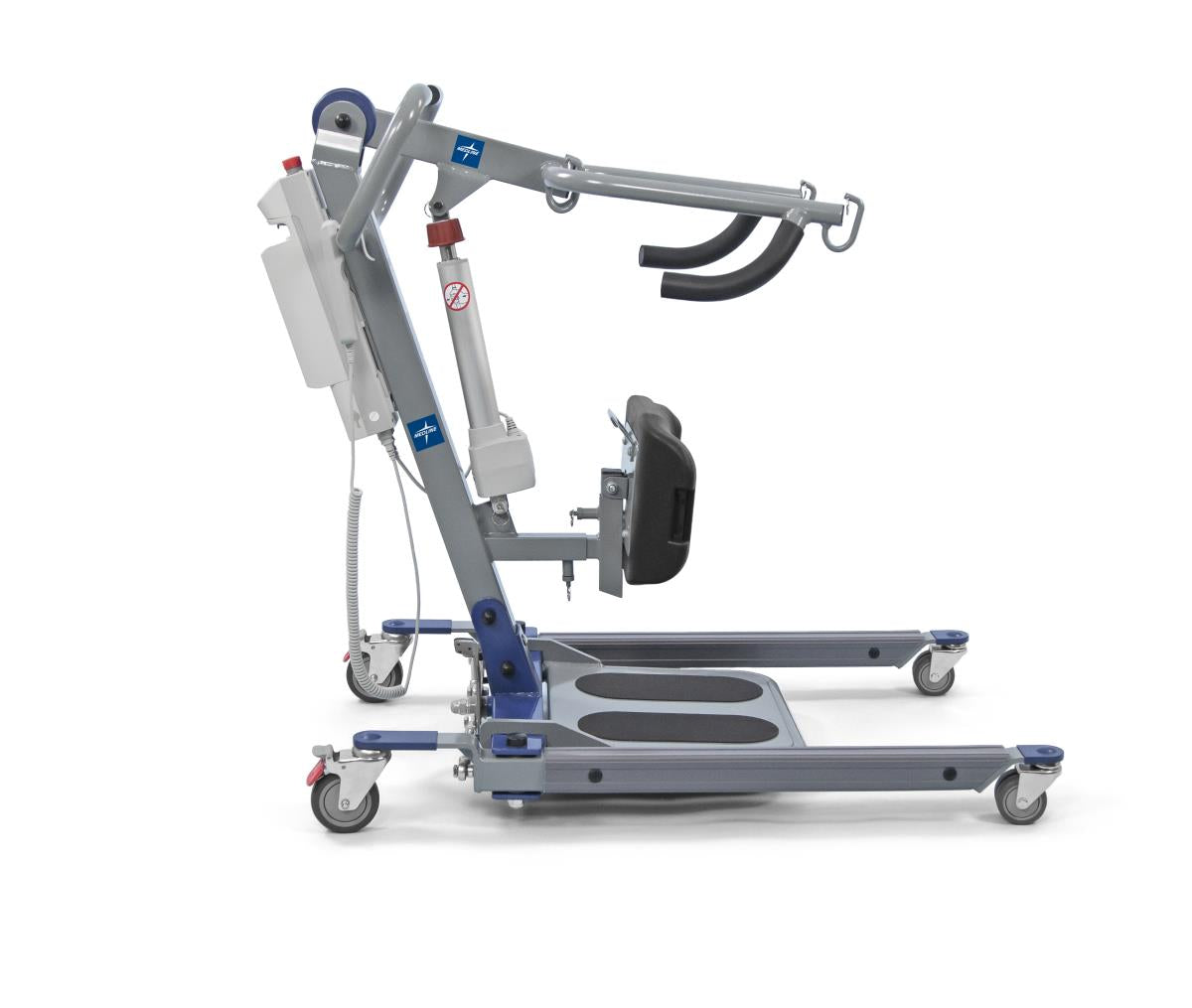 Bariatric electric stand assist lift with gray steel frame, blue accents, padded knee support, grab bar, foot platform, and
