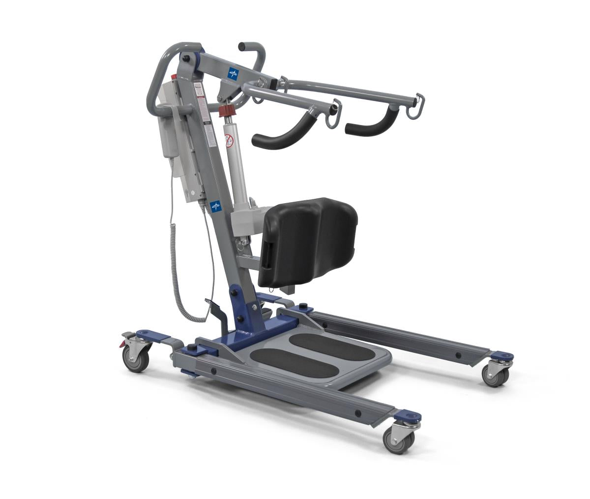 Bariatric electric stand assist lift with padded seat, grab handles, footrest platform, electric actuator, and rolling