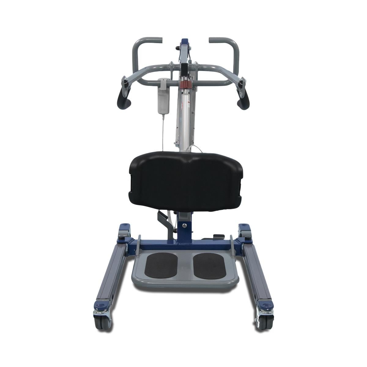 Bariatric electric sit-to-stand lift with black padded seat, dual handlebars, foot platform, and wheeled blue and gray steel