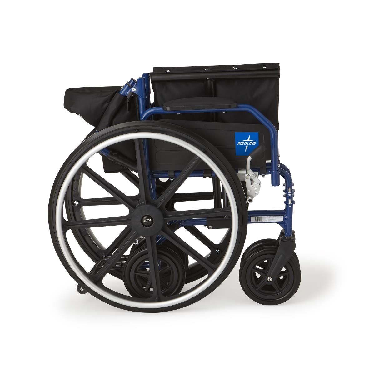 Hybrid wheelchair with blue frame, removable desk arms, standard legrests, large rear wheels, and small front casters, side