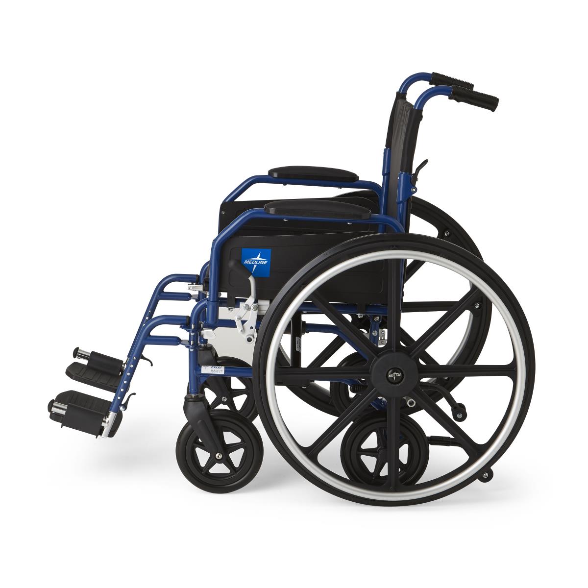 Wheelchair with blue steel frame, removable desk armrests, swing-away footrests, large rear wheels, and hand brakes, shown