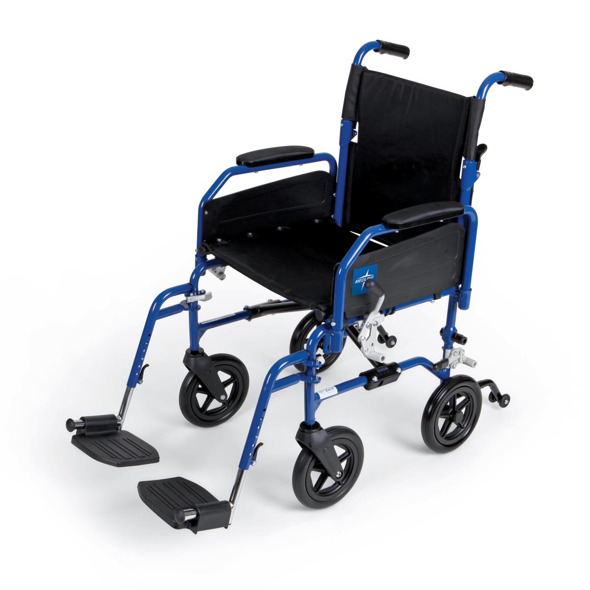 Hybrid transport wheelchair with blue frame, black upholstery, removable desk arms, swing-away footrests, and small rear